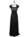 E2025 Empired Waist Cap Sleeve Lace Top Evening Dress - Black Gold, Front View Thumbnail