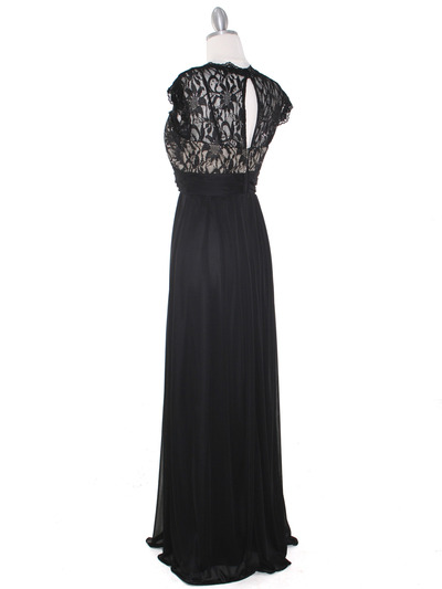 E2025 Empired Waist Cap Sleeve Lace Top Evening Dress - Black Gold, Back View Medium