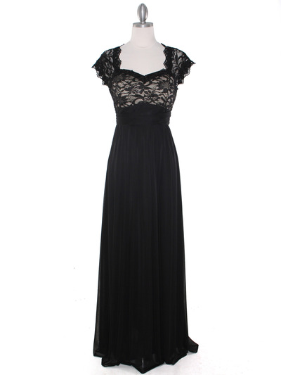 E2025 Empired Waist Cap Sleeve Lace Top Evening Dress - Black Gold, Front View Medium