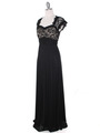 E2025 Empired Waist Cap Sleeve Lace Top Evening Dress - Black Gold, Alt View Thumbnail
