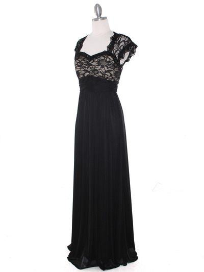 E2025 Empired Waist Cap Sleeve Lace Top Evening Dress - Black Gold, Alt View Medium