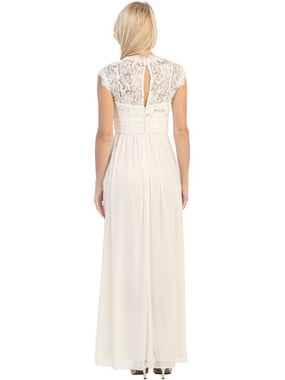 E2025 Empired Waist Cap Sleeve Lace Top Evening Dress - Ivory, Back View Medium