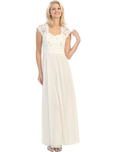 E2025 Empired Waist Cap Sleeve Lace Top Evening Dress - Ivory, Front View Medium