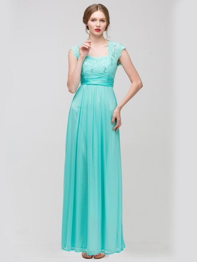 E2025 Empired Waist Cap Sleeve Lace Top Evening Dress - Mint, Front View Medium