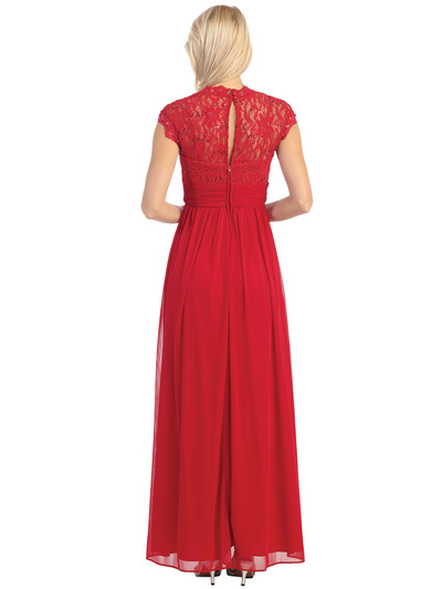E2025 Empired Waist Cap Sleeve Lace Top Evening Dress - Red, Back View Medium