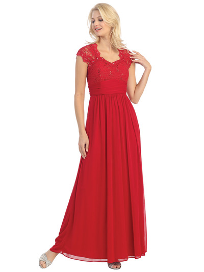 E2025 Empired Waist Cap Sleeve Lace Top Evening Dress - Red, Front View Medium