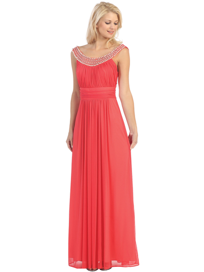 E2027 Jeweled Neckline Evening Dress - Coral, Front View Medium