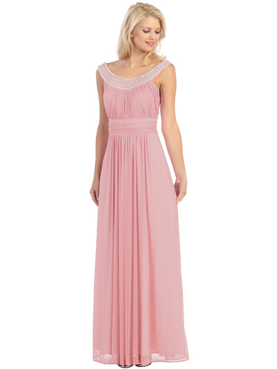 E2027 Jeweled Neckline Evening Dress - Dust Pink, Front View Medium