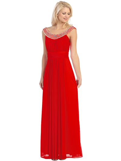 E2027 Jeweled Neckline Evening Dress - Red, Front View Medium