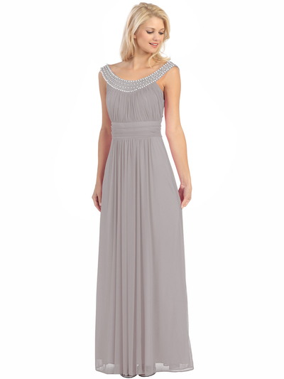 E2027 Jeweled Neckline Evening Dress - Silver, Front View Medium