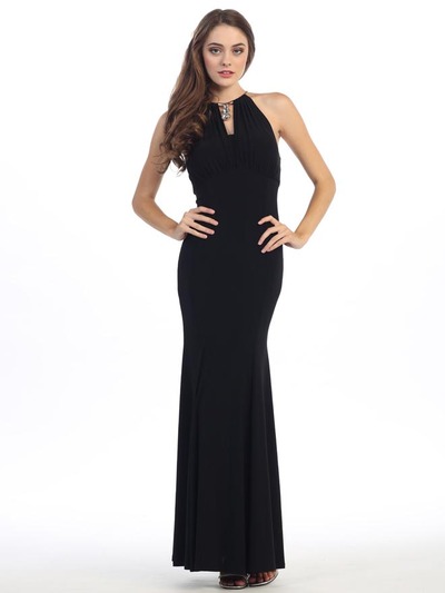 E2053 Halter Jersey Evening Dress - Black, Front View Medium
