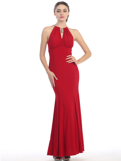 E2053 Halter Jersey Evening Dress - Red, Front View Medium