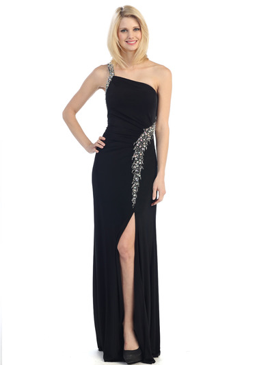 E2332 Cross Back Jeweled Prom Dress - Black, Front View Medium