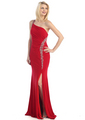 E2332 Cross Back Jeweled Prom Dress - Red, Front View Thumbnail
