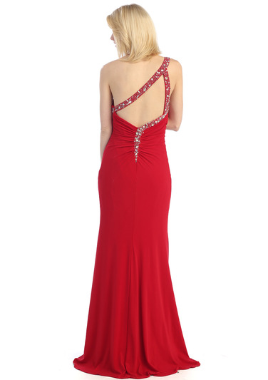 E2332 Cross Back Jeweled Prom Dress - Red, Back View Medium