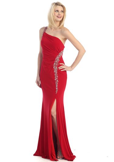 E2332 Cross Back Jeweled Prom Dress - Red, Front View Medium