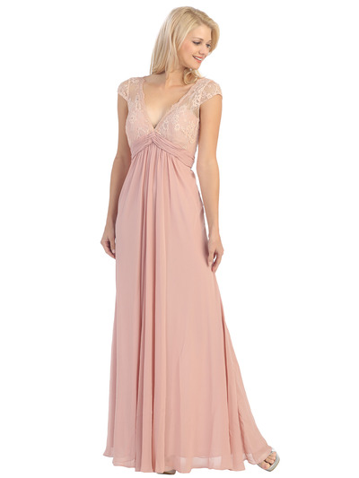 E2383 Lace Top Empire Waist Plunge Neckline Evening Dress - Dusty Rose, Front View Medium