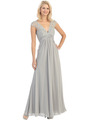 E2383 Lace Top Empire Waist Plunge Neckline Evening Dress - Silver, Front View Thumbnail