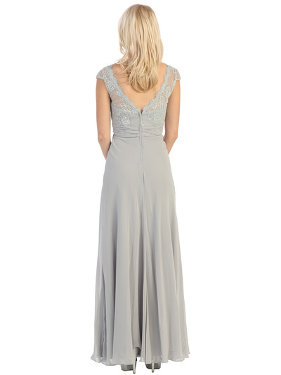 E2383 Lace Top Empire Waist Plunge Neckline Evening Dress - Silver, Back View Medium