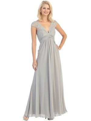 E2383 Lace Top Empire Waist Plunge Neckline Evening Dress, Silver