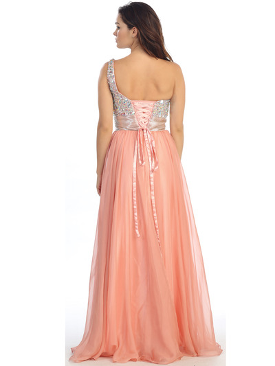 E2401 One Shoulder Sparkling Top Prom Dress - Peach, Back View Medium