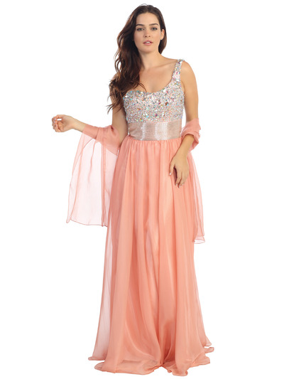 E2401 One Shoulder Sparkling Top Prom Dress - Peach, Front View Medium