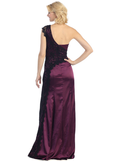 E2421 Satin and Lace Evening Dress with Slit - Purple Black, Back View Medium