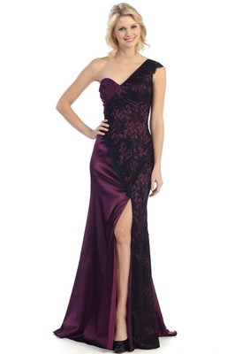 E2421 Satin and Lace Evening Dress with Slit, Purple Black