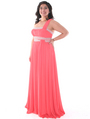 E2426 One Shoulder Chiffon Prom Dress - Coral, Front View Thumbnail