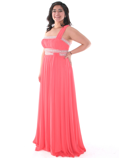 E2426 One Shoulder Chiffon Prom Dress - Coral, Front View Medium