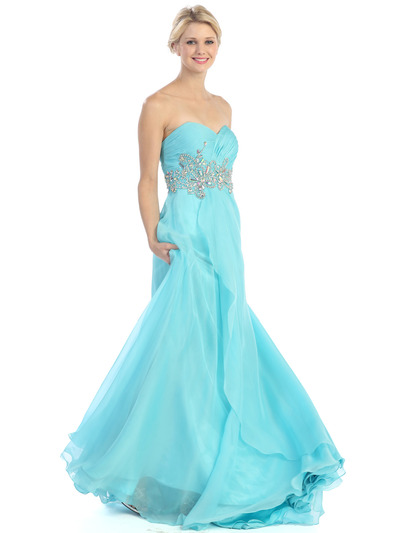 E2427 Strapless Pleated and Jeweled Prom Dress - Baby Blue, Front View Medium
