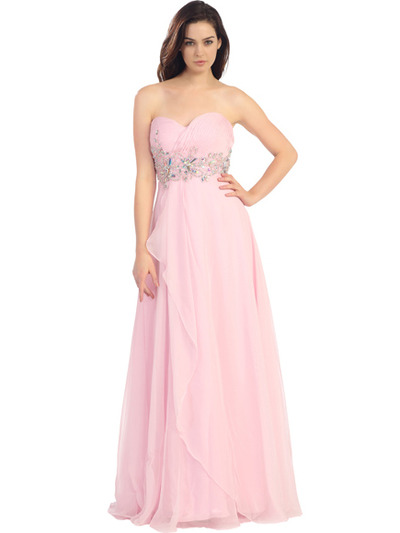 E2427 Strapless Pleated and Jeweled Prom Dress - Baby Pink, Front View Medium
