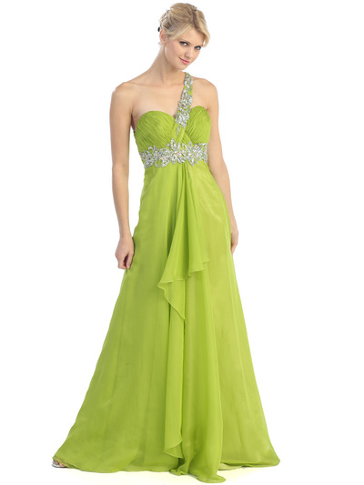 E2428 One Shoulder Cut Out Prom Dress - Lime Green, Front View Medium
