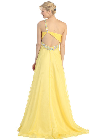 E2428 One Shoulder Cut Out Prom Dress - Yellow, Back View Medium