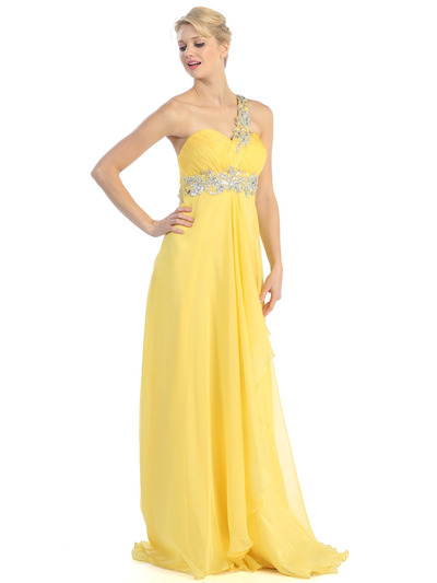 E2428 One Shoulder Cut Out Prom Dress - Yellow, Front View Medium