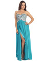 E2500 Empire Waist Large Stone Embellished Bodice Prom Dress - Turquoise, Front View Thumbnail