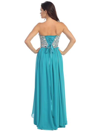 E2500 Empire Waist Large Stone Embellished Bodice Prom Dress - Turquoise, Back View Medium