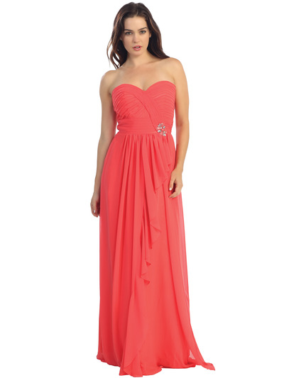 E2505 Sweetheart Swirl Pleated Bodice Evening Gown - Coral, Front View Medium