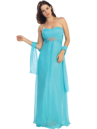 E2507 A-line Chiffon Over Sparkling Sequin Evening Dress - Turquoise, Front View Medium
