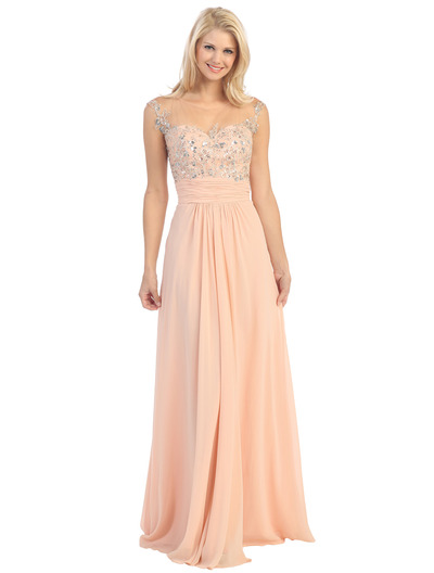 E2676 Illusion Yoke Evening Dress - Peach, Front View Medium