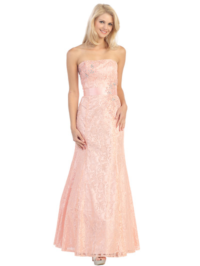 E2705 Strapless Lace Overlay Evening Dress with Sash - Dusty Pink, Front View Medium