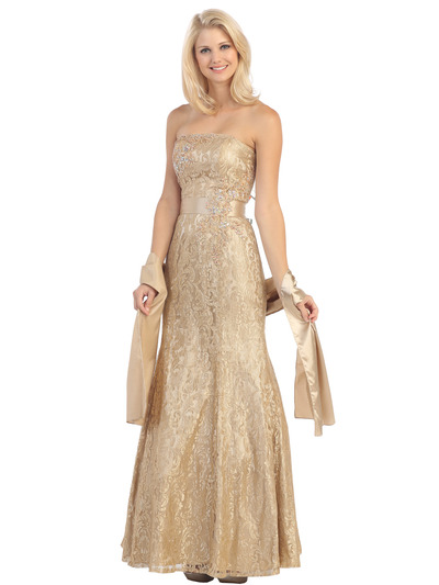 E2705 Strapless Lace Overlay Evening Dress with Sash - Gold, Front View Medium