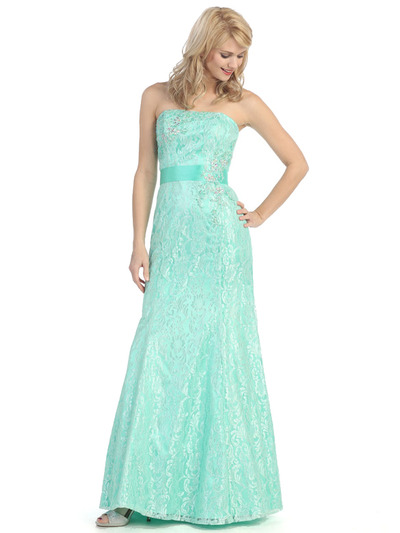 E2705 Strapless Lace Overlay Evening Dress with Sash - Mint, Front View Medium