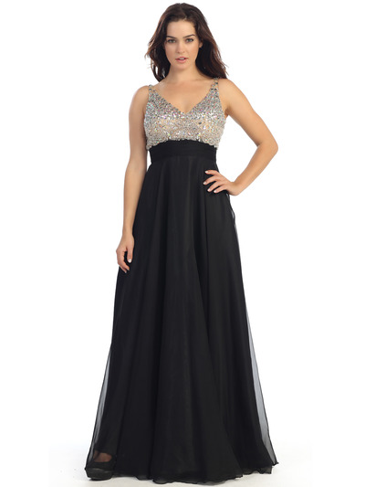 E2727 Empire Waist Sparkling Bodice A-line Evening Dress - Black, Front View Medium