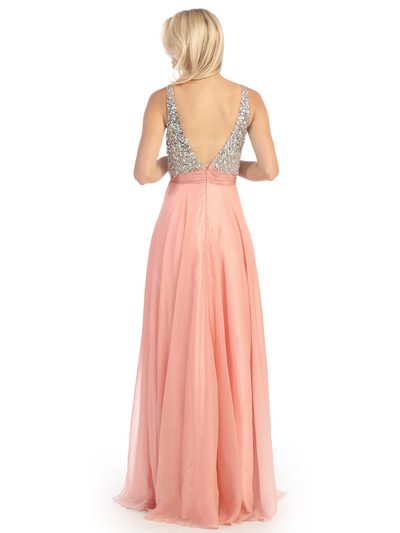 E2727 Empire Waist Sparkling Bodice A-line Evening Dress - Coral, Back View Medium