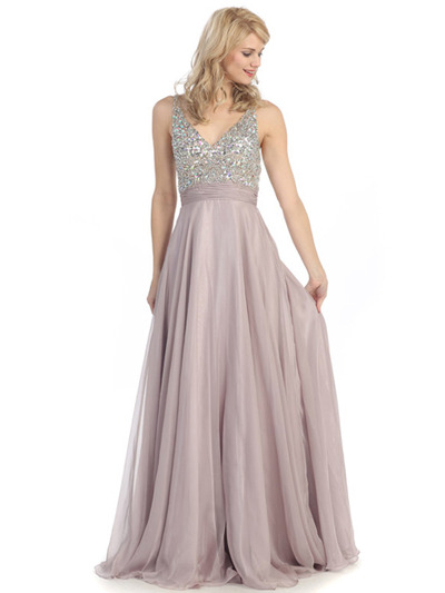 E2727 Empire Waist Sparkling Bodice A-line Evening Dress - Victorian Lilac, Front View Medium