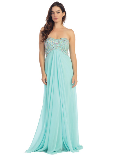 E2728 Empire Waist Strapless Embellished Bodice Prom Dress - Mint, Front View Medium