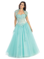 E3004 Timeless and Elegant Evening Ball Gown with Bolero - Aqua, Front View Thumbnail