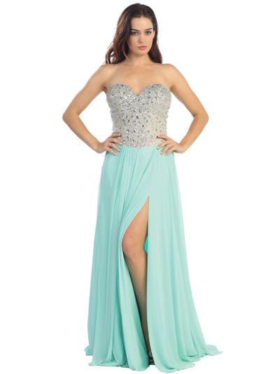 E3006 Sweetheart Neckline Jewel Bodice Chiffon Evening Dress - Mint, Front View Medium