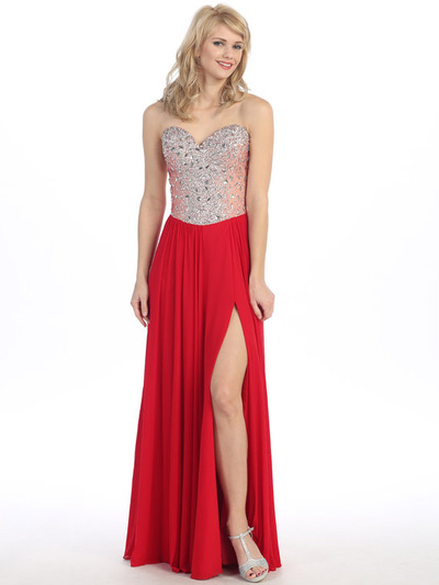 E3006 Sweetheart Neckline Jewel Bodice Chiffon Evening Dress - Red, Front View Medium